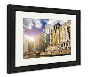 Framed Print, Chicago Downtown Riverfront Office Buildings And River At Sunset - Essentials from JayCar