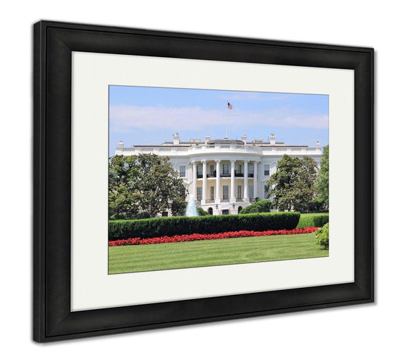 Framed Print, White House From South Lawn On Summer Day Flowers And Fountain Truman - Essentials from JayCar