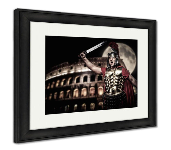 Framed Print, Colosseum Roman Legionary Soldier Front Coliseum Night Time - Essentials from JayCar