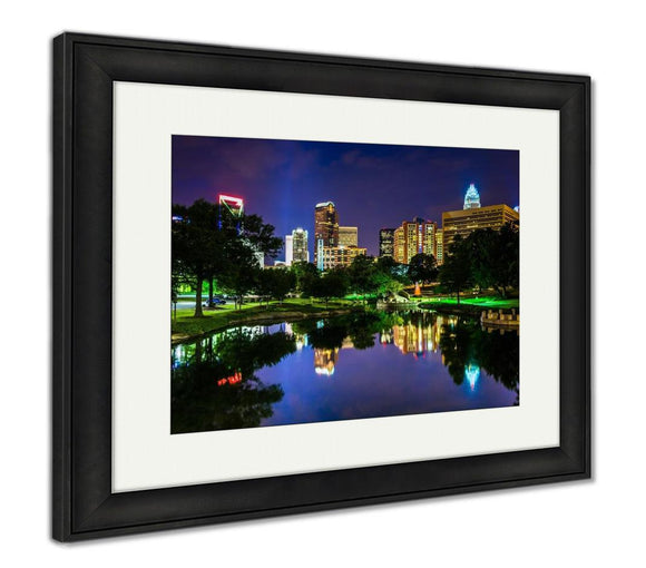 Framed Print, The Charlotte Skyline Seen At Marshall Park In Charlotte North - Essentials from JayCar