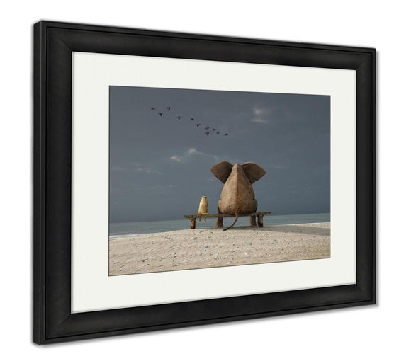 Framed Print, Elephant And Dog Sit On A Deserted Beach - Essentials from JayCar