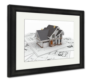 Framed Print, Residential House On Architect Blueprints Housing Project - Essentials from JayCar