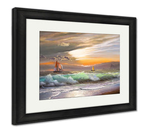Framed Print, Oil Painting On Canvas Sailboat Against A Of Sea Sunset - Essentials from JayCar