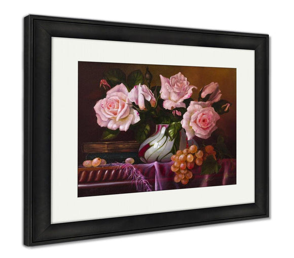 Framed Print, Oil Painting With Flowers Roses Still Life Painting - Essentials from JayCar