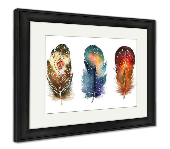 Framed Print, Hand Drawn Watercolor Feather Set Boho Style Illustration Iso - Essentials from JayCar