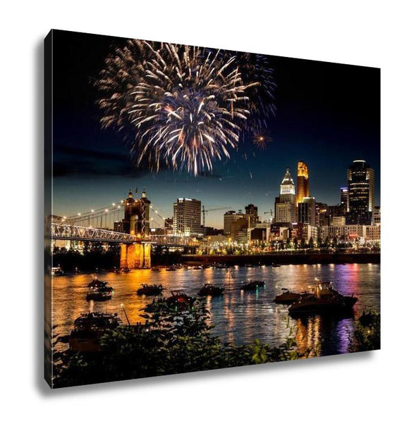 Gallery Wrapped Canvas, Fireworks Over Skyline Ohio River In Cincinnati - Essentials from JayCar