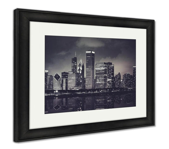 Framed Print, Chicago Night Time Skyline Photo With Michigan Lake Reflection Chicago Illinois - Essentials from JayCar