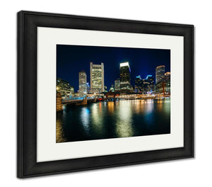 Framed Print, The Downtown Skyline At Night Seen From Fort Point In Boston M - Essentials from JayCar