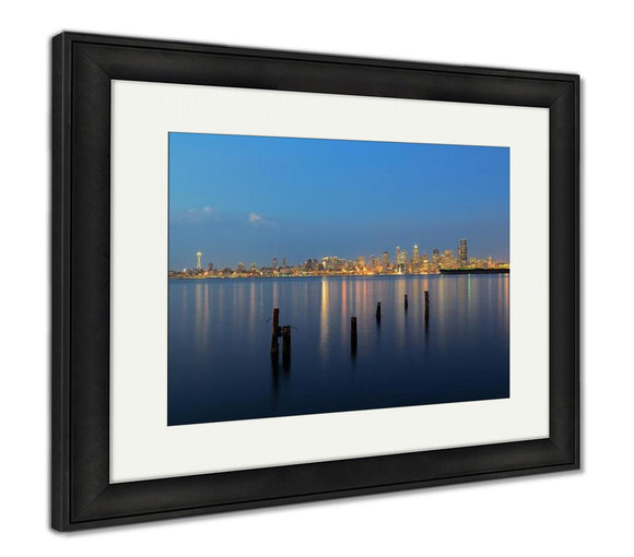 Framed Print, Seattle City Skyline View Over Sea With Urban Architecture And Abandoned Pier - Essentials from JayCar