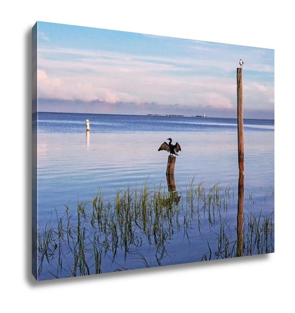 Gallery Wrapped Canvas, Seabirds Birds On Poles In The Sea At Sunrise Tampa Bay Florida - Essentials from JayCar